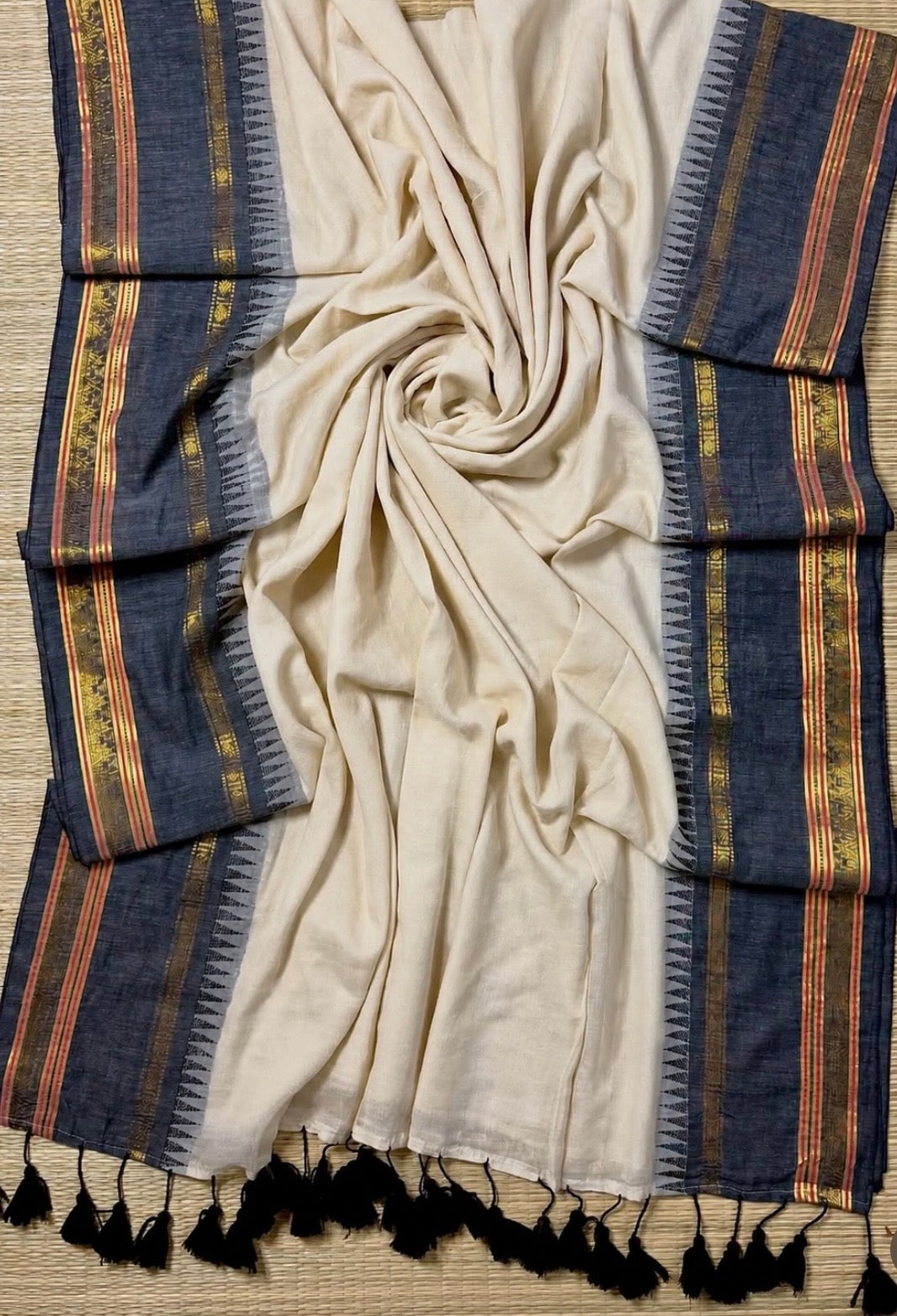 Soft Mul Cotton Saree - Black Temple Border