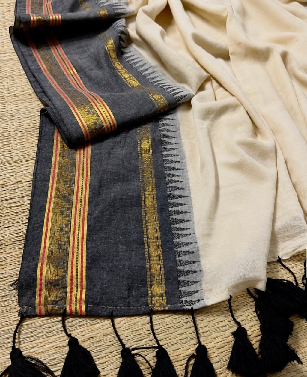 Soft Mul Cotton Saree - Black Temple Border