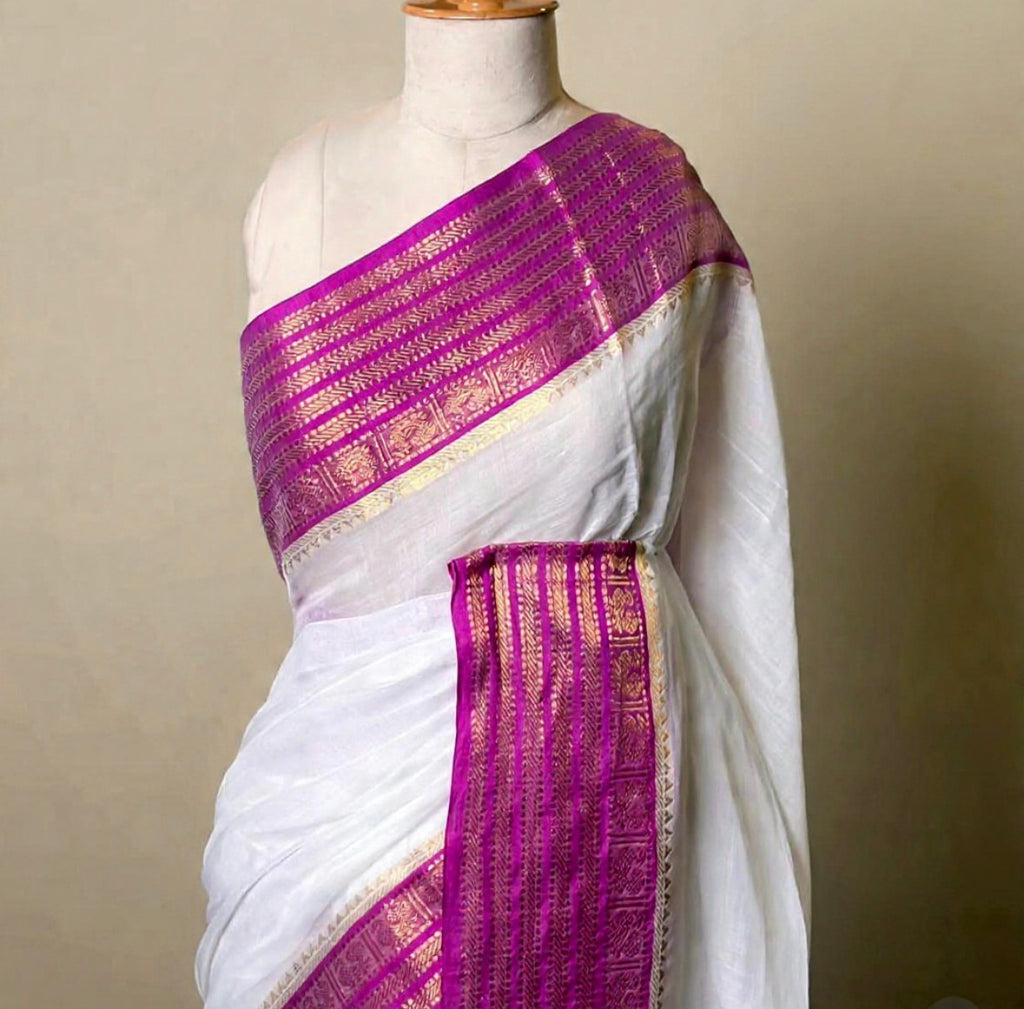 Soft Mul Cotton Saree With Magenta Traditional Border