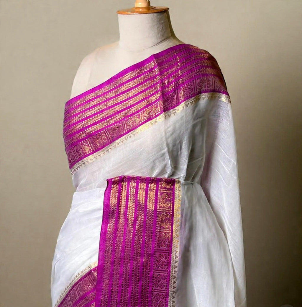 Soft Mul Cotton Saree With Magenta Traditional Border