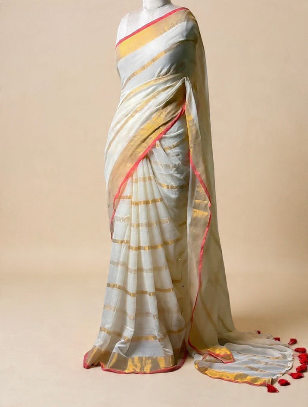 Gold Striped Soft Mul Cotton Saree
