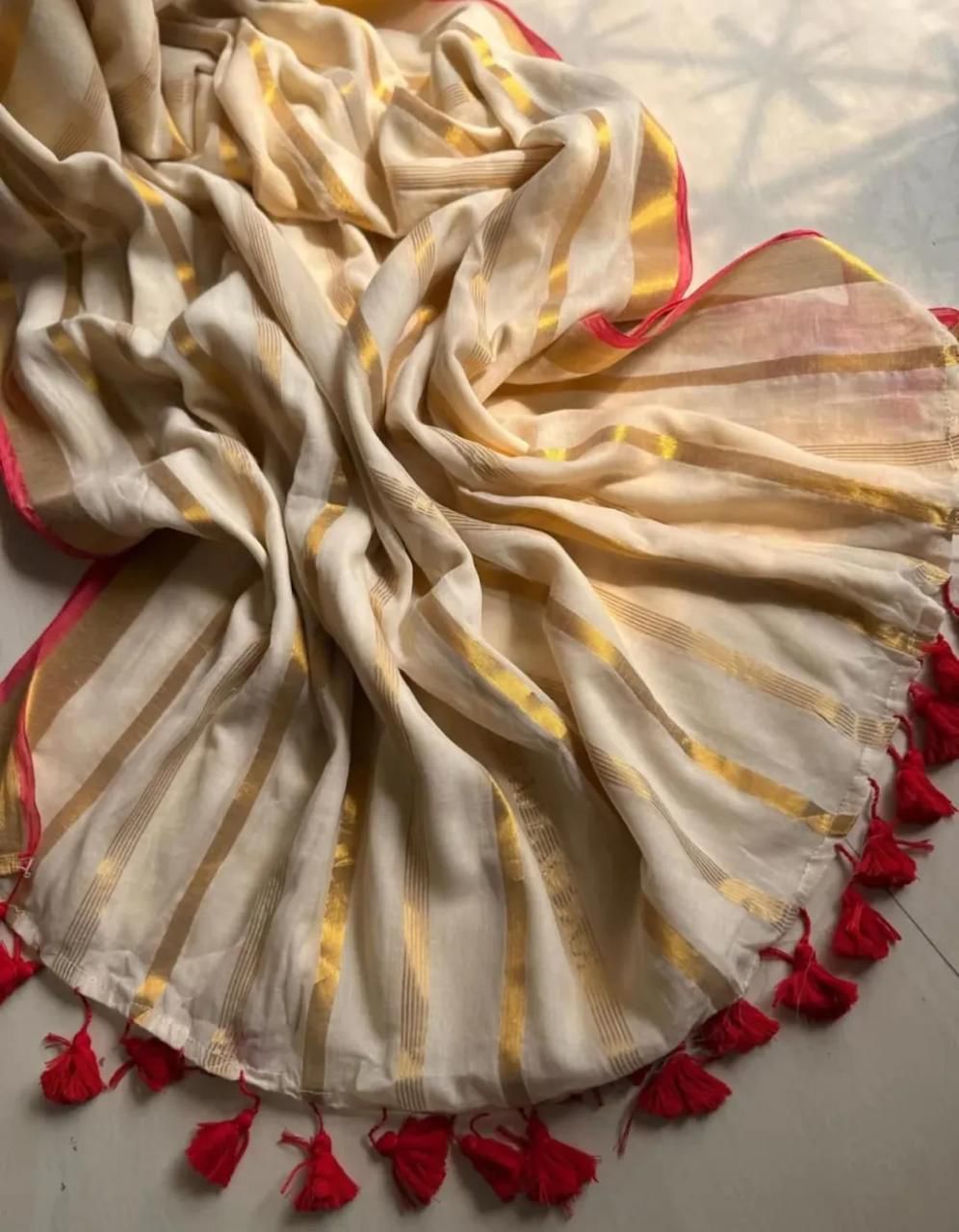 Gold Striped Soft Mul Cotton Saree