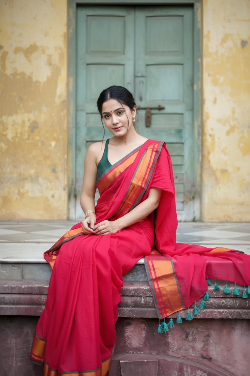 Soft Red Mul Cotton Saree