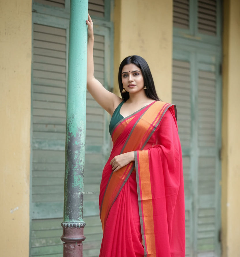 Soft Red Mul Cotton Saree