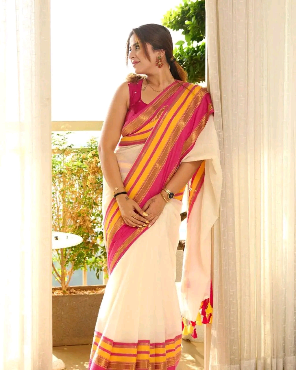 Viral Aparna Pink and Yellow Soft Mul Cotton Saree